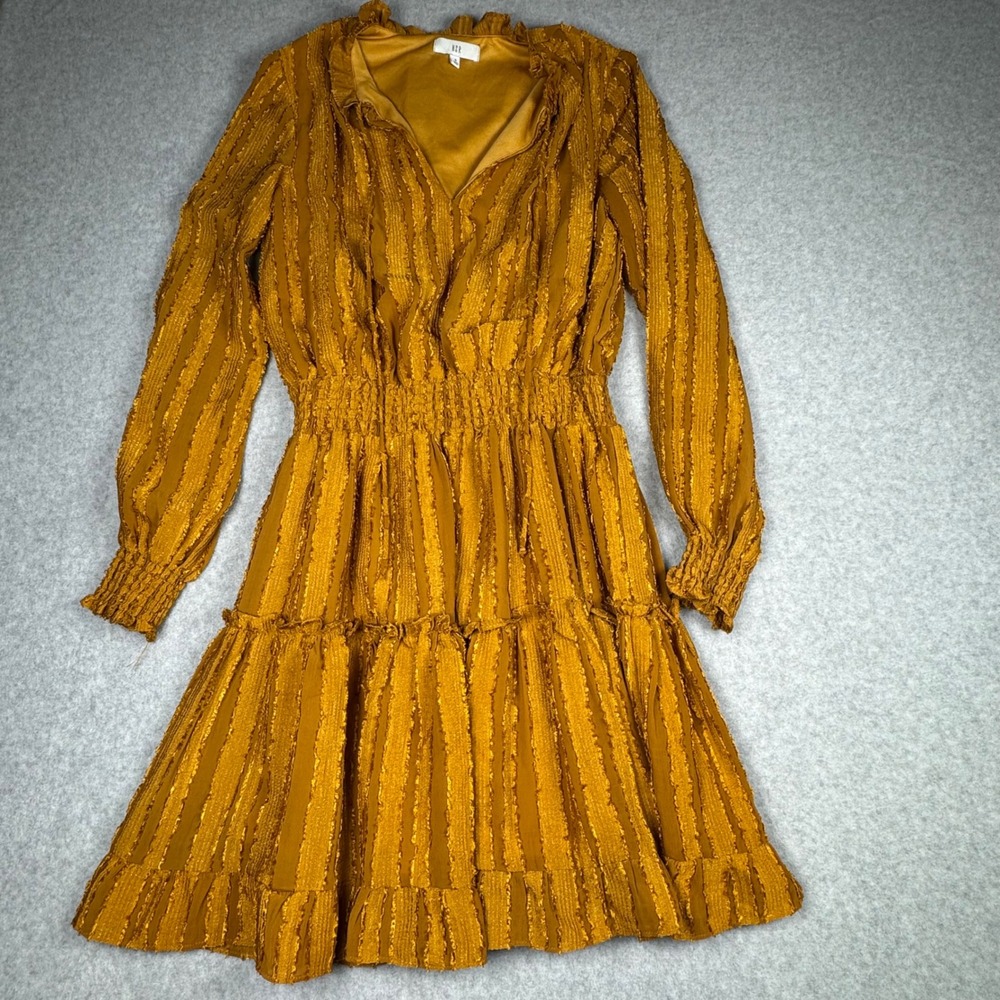 NSR Mustard Yellow Clip Dot Smocked Waist Ruffle Mini Dress CD10397 Womens Small